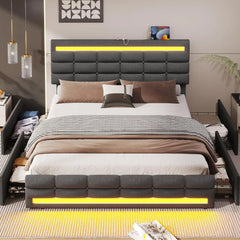 LED Bed Frame with 4 Drawers & USB Charging Station, Upholstered Platform Queen Size Bed with LED Headboard & Footboard