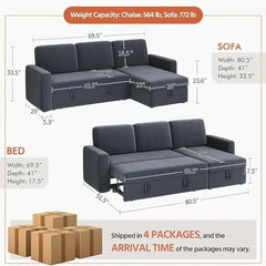 L-Shaped Sectional Sofa Bed with Chaise & USB, Reversible Storage Sleeper Convertible Trundle Fabric Couch