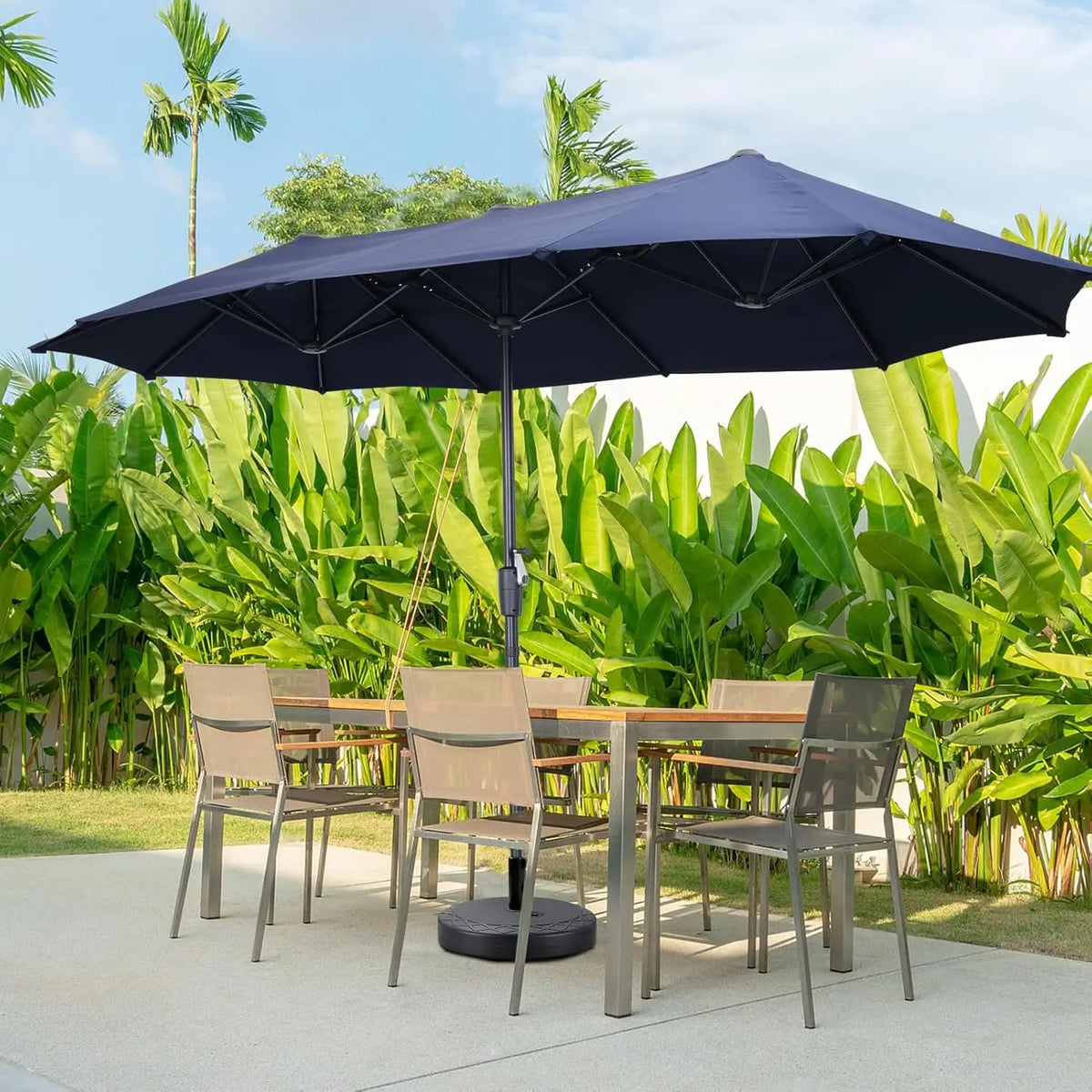 13Ft Large Patio Umbrella with Base Outdoor Double-Sided Market Extra Large Table Umbrella Easy Crank for Yard, Poolside