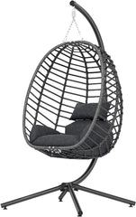 Indoor Outdoor Hanging Egg Chair with Stand, Patio Wicker Hammock Egg Swing Chair with Cushion for Bedroom Garden