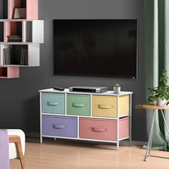 Kids Dresser with 5 Drawers - Storage Chest Organizer Unit with Steel Frame, Wood Top, Easy Pull Fabric Bins - Long Wide TV St