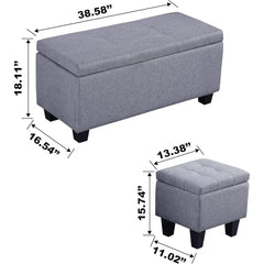 Hinged Storage Ottoman Set of 3, 38'' Living Room Storage Bench with Thick Seating, 2pcs Small Square Dorm Stool