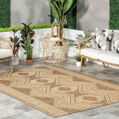 6' 7" x 9' Outdoor Tribal Geometric Area Rug, Stain Resistant, Weather Resistant, High Traffic, Patio, Balcony, Outside,