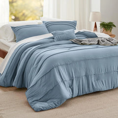 Bedsure King Comforter Set - 4 Pieces Grid Pleat Bed Set, Beige Boho Bedding for All Season, 1 Soft Comforter, 2 Pillowcases, 1