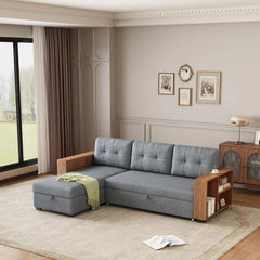 Pull-Out Couch with Storage Chaise and Armrests, Convertible Sectional Sleeper Sofa Bed with Removable Back Cushions