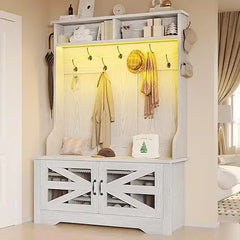 Hall Tree with Bench and Shoe Storage, 5-in-1 Entryway Bench with Coat Rack, 10 Shoe Cubbies & 9 Coat Hooks, Barn Door & A