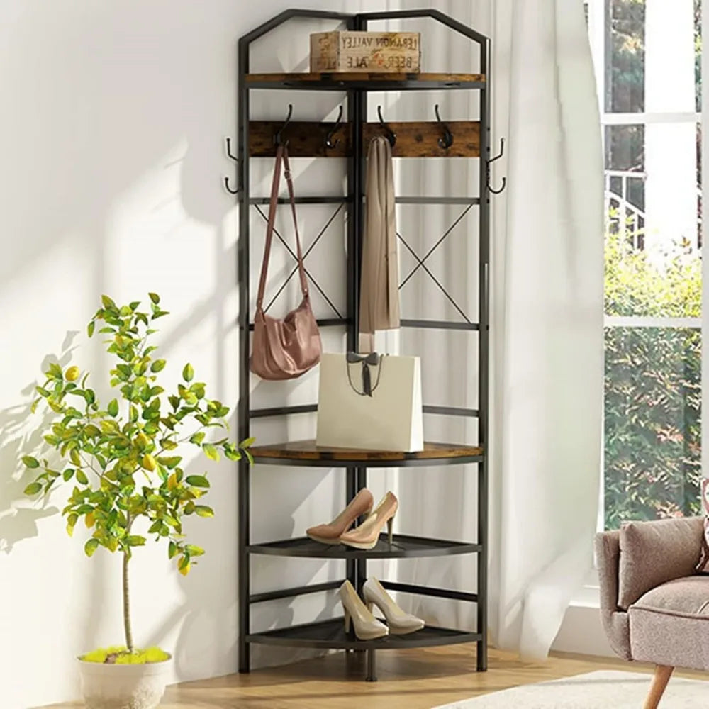 4-Tier Corner Coat Rack with Shoe Storage Entryway, Hall Tree with Bench and 6 Metal Hooks, Freestanding Clothes Rack