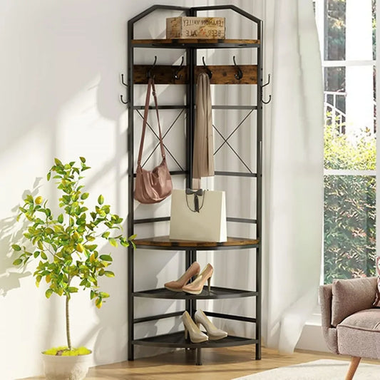 4-Tier Corner Coat Rack with Shoe Storage Entryway, Hall Tree with Bench and 6 Metal Hooks, Freestanding Clothes Rack