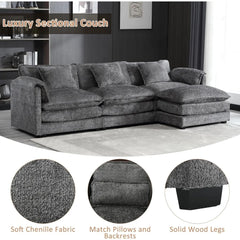 Modern Chenille L-Shaped Sectional Sofa with Moveable Ottoman & Memory Foam