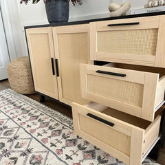 Rattan Cabinet with Doors - Buffet Sideboard Cabinet with Drawers Credenza, 3 Door Storage Cabinet