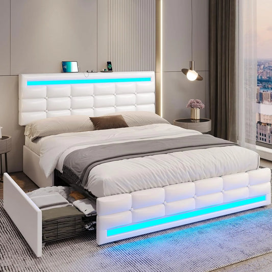 Queen Bed Frame with Drawers, LED Bed Frame with Charging Station, Pu Leather Platform Bed Frame Queen Size with Storage
