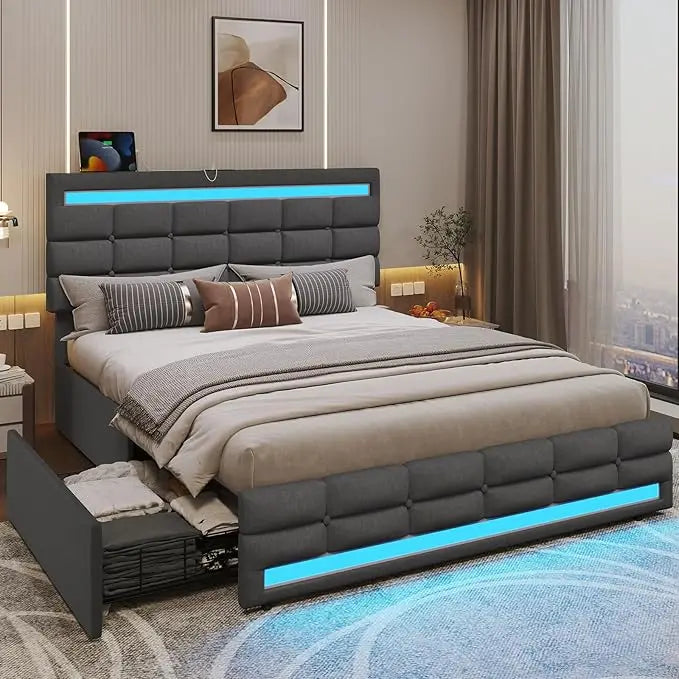 Queen Bed Frame with Drawers, LED Bed Frame with Charging Station, Pu Leather Platform Bed Frame Queen Size with Storage