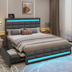 Queen Bed Frame with Drawers, LED Bed Frame with Charging Station, Pu Leather Platform Bed Frame Queen Size with Storage
