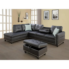 Faux Leather L-Shaped Sectional Sofa with Chaise, Storage Ottoman, Cup Holders & Pillows – 6-Seater Tufted Upholstered Couch