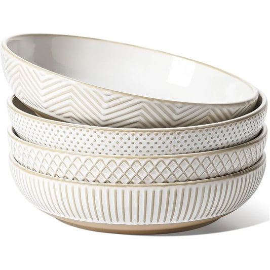 Pasta Bowls 46oz, Large Salad Bowl, Ceramic Serving Plate, House-warming Wedding Present, Embossment Stoneware Bowl for Fruits