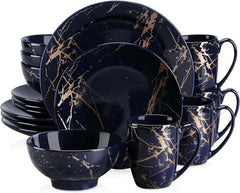 Plates and Bowls Sets for 4, Black Dinnerware Sets 16 Piece Gold Splash Glaze Round Dish Set, Porcelain Plate