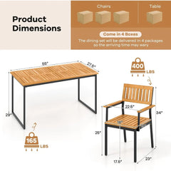 7 Piece Outdoor Dining Set for 6, Wood Rectangular Dining Table & 6 Armchairs w/Metal Frame, Umbrella Hole, Dining Furniture Set
