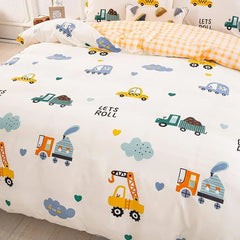 Kids Duvet Cover Set Full Size, Cotton Cartoon Car Truck Bedding Set for Boys Girls, 3 Pieces Soft Breathable White Yellow Plaid