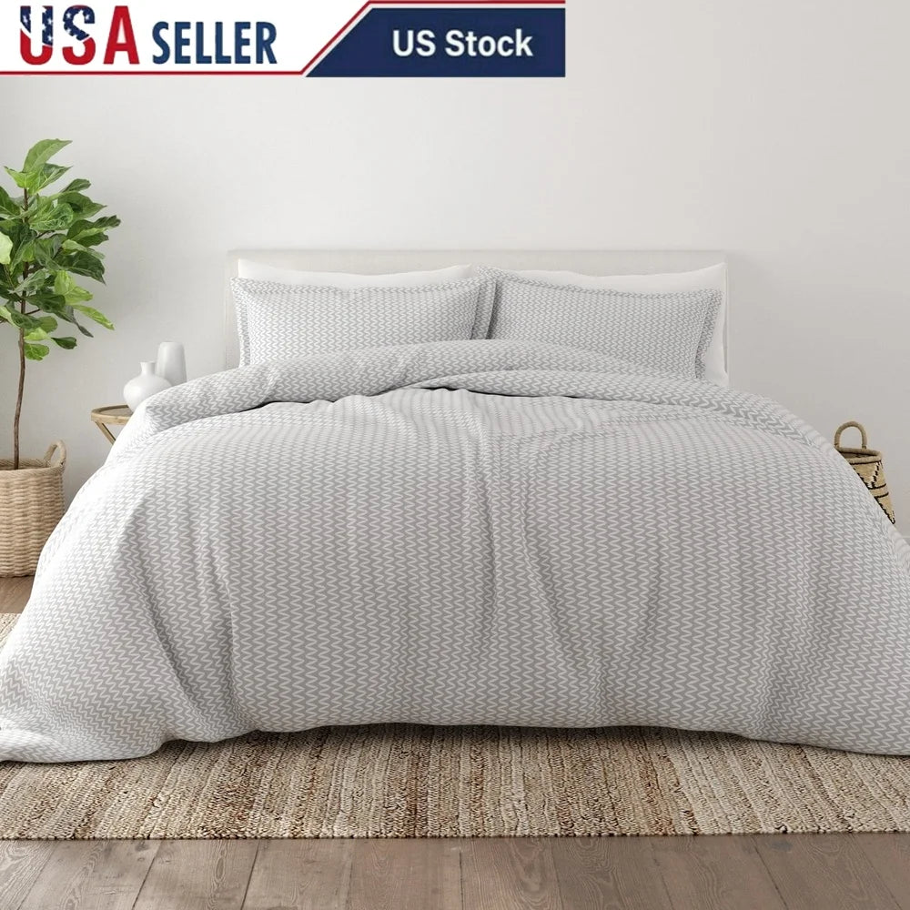 Light Gray Puffed Chevron Print Duvet Cover Set 3-Piece Microfiber Bedding King Comforter Protector Pillow Shams Soft Cozy