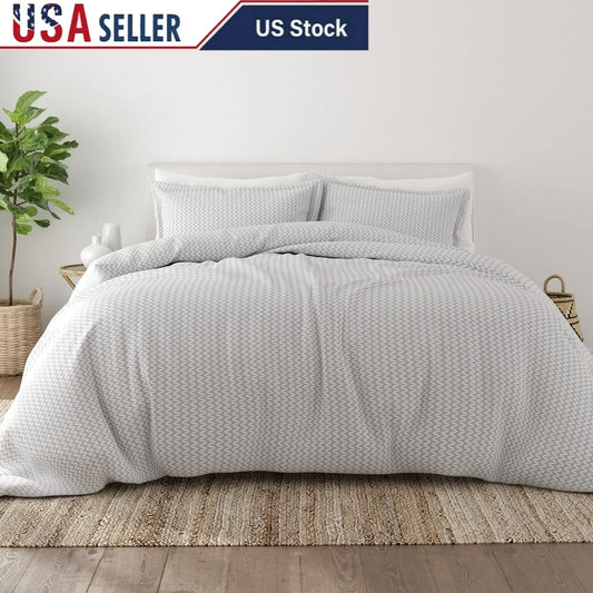 Light Gray Puffed Chevron Print Duvet Cover Set 3-Piece Microfiber Bedding King Comforter Protector Pillow Shams Soft Cozy