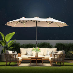 Double Sided Patio Umbrellas - 13ft Solar Lights LED Lighted Outdoor Extra Large Market Table Umbrella with Base Included