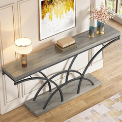 70.9 Inch Extra Long Console Table for Entryway, Gray Sofa Table with Wood Tabletop, Modern Accent Tables with Half-Moon Shape