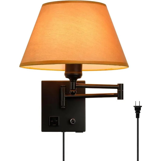 Swing Arm Wall Sconces, Plug-in Wall Lamp,Bedroom Wall Lamp ， White Fabric Shade with Dimmable Switch and USB Charging