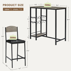 Bar Table Set for 2 with Footrest, Kitchen Dining Table with 2 Upholstered Chairs, Small Space Counter Height Bar Stools