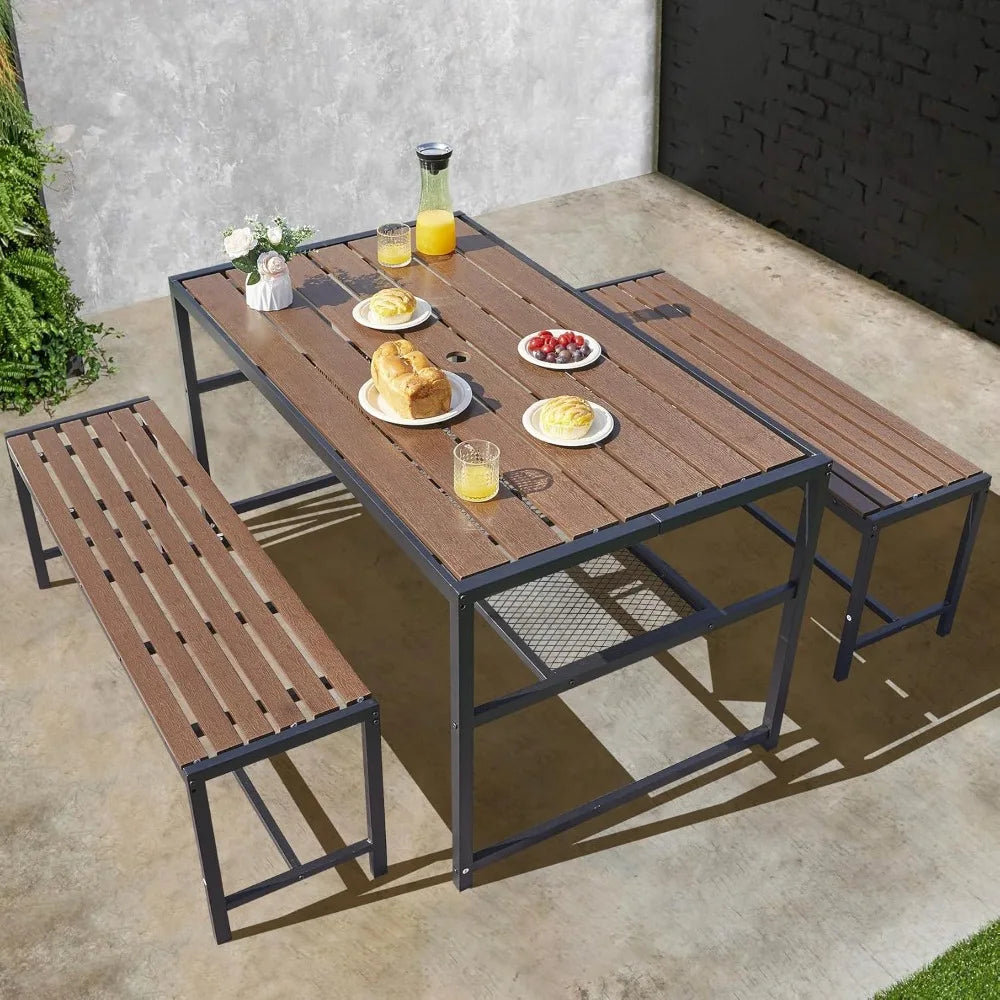 Outdoor Picnic Table and Bench Set with 2" Umbrella Hole and Storage Shelf, Patio Dining Set for 6 People, Outdoor Dining Table