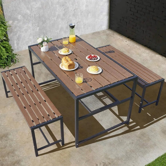 Outdoor Picnic Table and Bench Set with 2" Umbrella Hole and Storage Shelf, Patio Dining Set for 6 People, Outdoor Dining Table