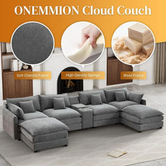 145" U Shaped Cloud Couch Sectional for Living Room, Oversized Modern Modular Sofa with Movable Ottoman, Comfy Fluffy Chenille