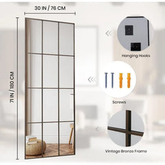 Windowpane Mirror Full Length 71"x30" Wall Mounted Art Pane Mirror Farmhouse Decorative Floor Mirror Leaning Hanging Wall