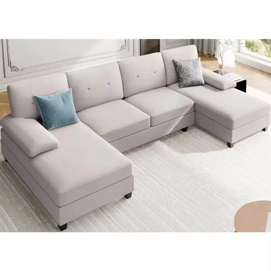 Living Room Sectional Sofa, 4-seater Set U-shaped Sofa with Double Chaise Longue, Large 106-inch Modern Fabric Sofa