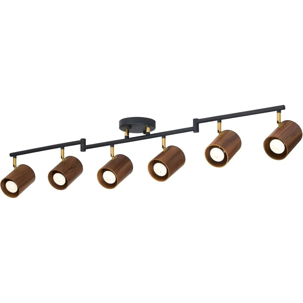 Modern 6-light track lighting, 47-inch, natural wood adjustable cap, brass accent, matte black ceiling track light