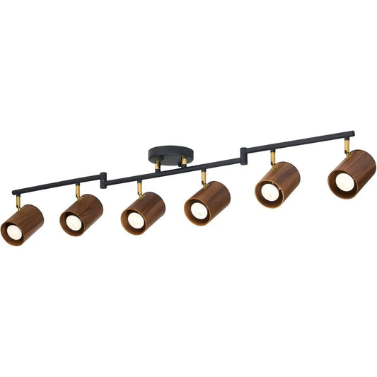 Modern 6-light track lighting, 47-inch, natural wood adjustable cap, brass accent, matte black ceiling track light