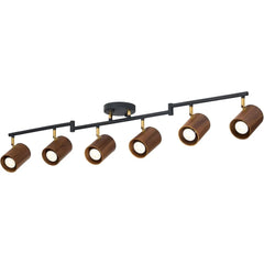 Modern 6-light track lighting, 47-inch, natural wood adjustable cap, brass accent, matte black ceiling track light