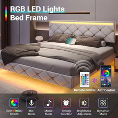 King Size Floating Bed Frame with LED Lights & USB Ports, Faux Leather Upholstered Platform Bed