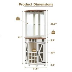 Corner Bar Storage Cabinet, Barn Door & Adjustable Shelf, Home Bar Cabinet w/LED Light & Glass Rack, 72" Tall Wine Bar Cabinet