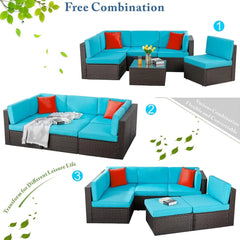 6 Piece Small Patio Furniture Sets, All Weather PE Wicker Rattan Outdoor Sectional Sofa with Glass Table, Cushions and Pillows