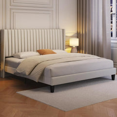 Yaheetech King Bed Frame Upholstered Platform Bed with Fabric Headboard, Wing Edge Design/Non-Slip and Noise-Free/Wooden Slats S