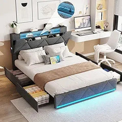 Vabches Queen Bed Frame with Storage Headboard and 4 Drawers,Upholstered Platform with Charging Station and Led Lights,Adjustabl