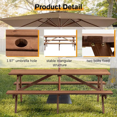 6 Person Outdoor Picnic Table, Round Picnic Table with 3 Built-in Benches, Umbrella Hole,Outside Wood Picnic Table and Bench Set