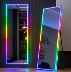 Full Length Mirror with RGB Lights, Full Body Lighted Mirror with Crushed Diamond, Free Standing Floor LED Mirror, Wall Mounted