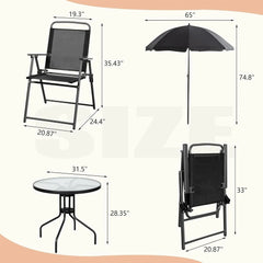 6 Piece Folding Patio Dining Set,Small Metal Outdoor Garden Patio Table and Chair Set w/Umbrella for Lawn,Deck,Backyard