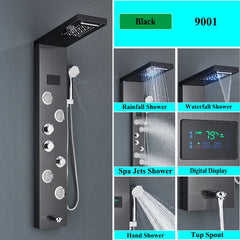 LED Shower Panel Tower System Rain Waterfall Shower Column With SPA Massage Temperature Screen athtub Water Mixer Tap Faucet Set