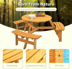 6 Person Outdoor Picnic Table, Round Picnic Table with 3 Built-in Benches, Umbrella Hole,Outside Wood Picnic Table and Bench Set