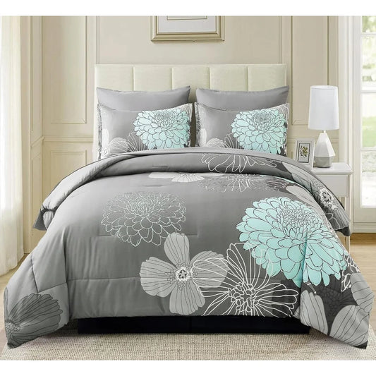 7 Pieces Bed in a Bag Floral Comforter Set Green Flowers Bedding Set Soft Microfiber King Comforter Sets Duvet Cover Sets