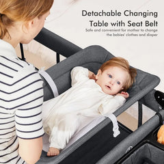 5 in 1 Baby Bassinet, Bedside Crib & Playpen Easy Folding Portable Crib with Mobile, Sheet & Mattress (Grey)