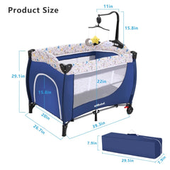 Minikid Baby Playard with Bassinet,Unisex Playpen Include Music Box and Hanging Toys,Portable Crib for Newborn to Toddlers,Blue