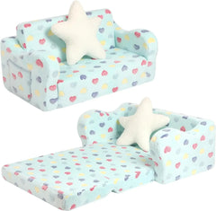 Extra Wider Seating Toddler Couch, 2-in-1 Soft Couch Fold Out with Star Pillow, Convertible Sofa to Lounger for Girls and Boys
